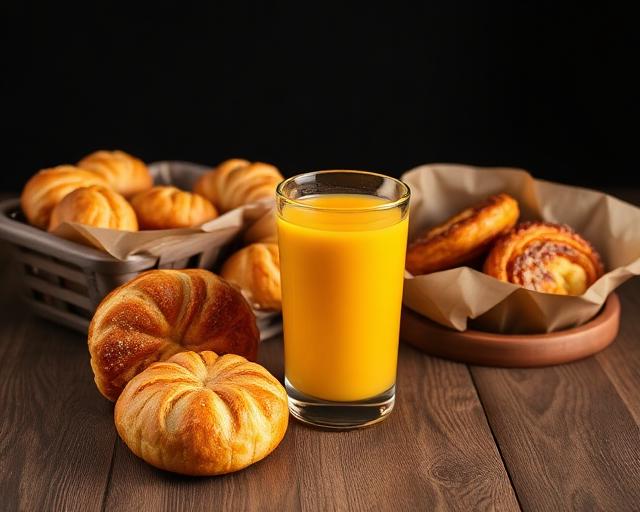 Anúncio de padaria com pães e suco