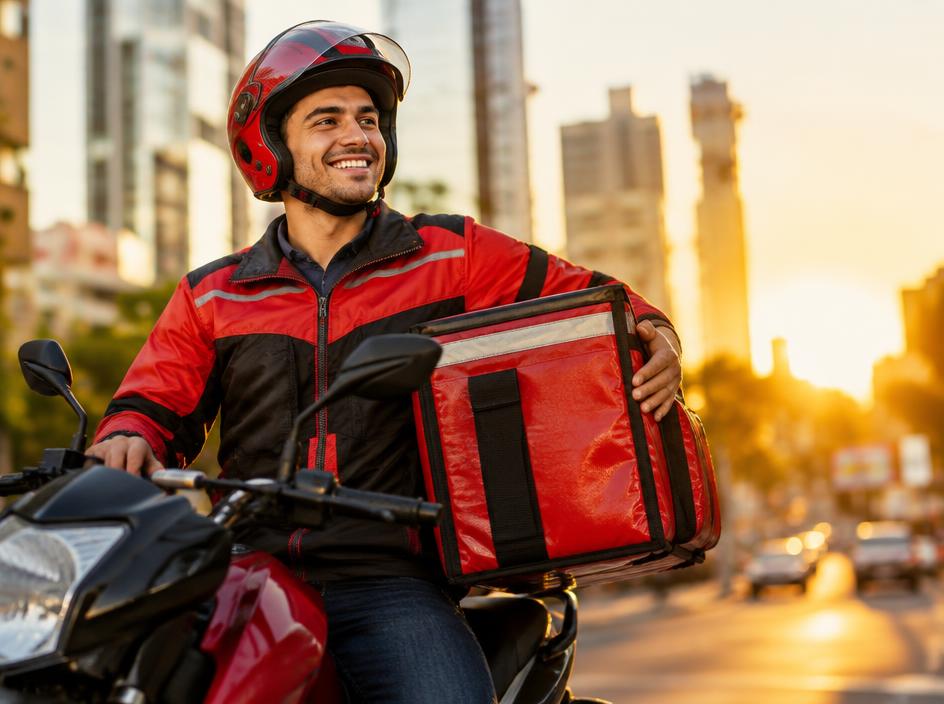 Entregador de moto com bag de delivery